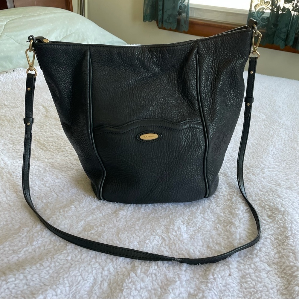 Tahari Black Leather Crossbody Hobo Bag